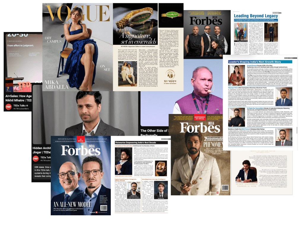 Collage of client features: Vogue India cover, Forbes India covers and articles, XII Noon emerald jewellery feature, TEDx talks and Leading Beyond Legacy editorial pages.