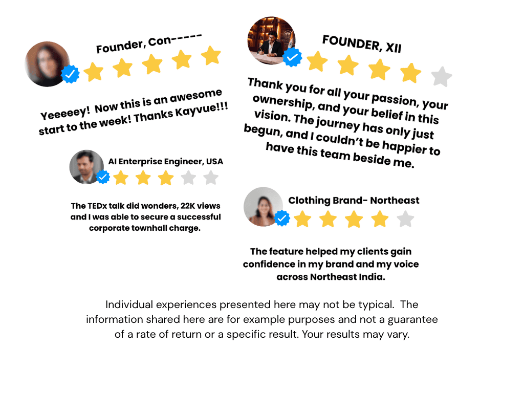 Client reviews: Founder, Con— (5 stars): 'Yeeeeey! Now this is an awesome start to the week! Thanks Kayvue!!!' · Founder, XII Noon (4 stars): 'Thank you for all your passion, your ownership, and your belief in this vision.' · AI Enterprise Engineer, USA (3 stars): 'The TEDx talk did wonders, 22K views.' · Clothing Brand, Northeast (4 stars): 'The feature helped my clients gain confidence in my brand.' Individual experiences may not be typical.